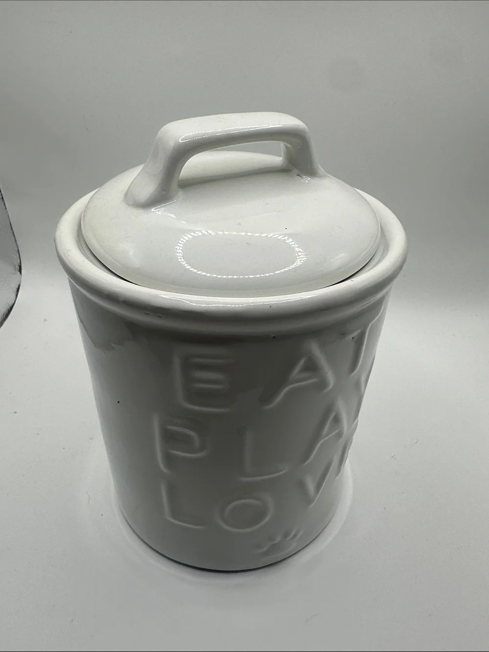 White Ceramic Pet Treat Jar - Eat Play Love
